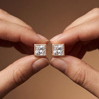 0.90 Ct Princess Cut Lab Grown Diamond Bezel Set Stud Earrings for Women Rose Gold