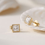0.90 Ct Princess Cut Lab Grown Diamond Bezel Set Stud Earrings for Women Gold