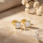 0.90 Ct Princess Cut Lab Grown Diamond Bezel Set Stud Earrings for Women Gold