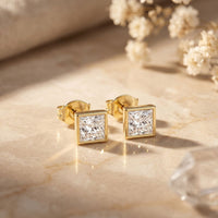 0.90 Ct Princess Cut Lab Grown Diamond Bezel Set Stud Earrings for Women Gold