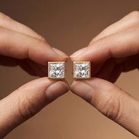 0.90 Ct Princess Cut Lab Grown Diamond Bezel Set Stud Earrings for Women Gold