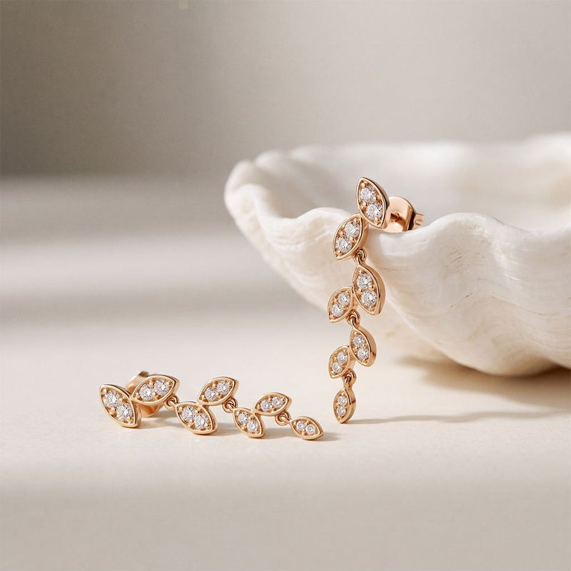 0.45 Ct Round Cut Lab Grown Diamond Leaf Drop Dangle Earrings for Women Rose Gold