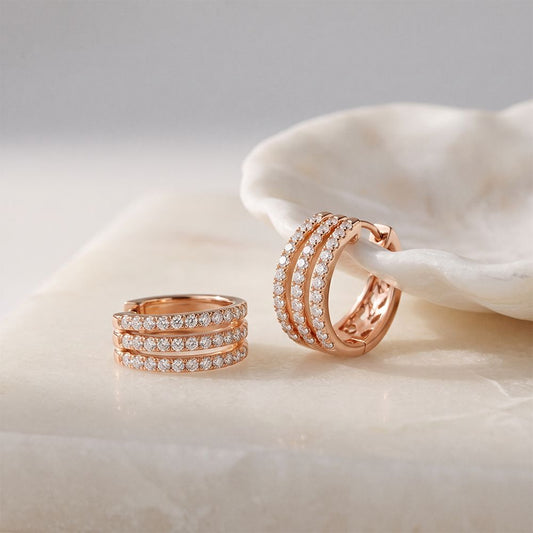 2.00 Ct Round Cut Lab Grown Diamond Triple Row Hoop Earrings for Women Rose Gold
