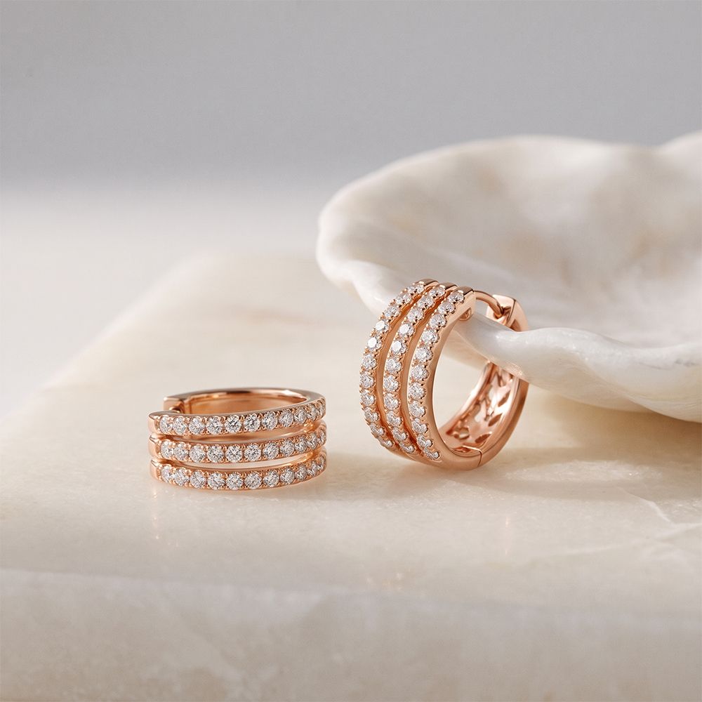 2.00 Ct Round Cut Lab Grown Diamond Triple Row Hoop Earrings for Women Rose Gold