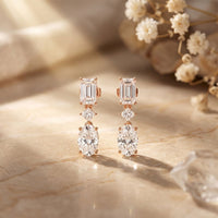 3.10 Ct Emerald Cut Lab Grown Diamond Mixed Cut Dangle Earrings Rose Gold