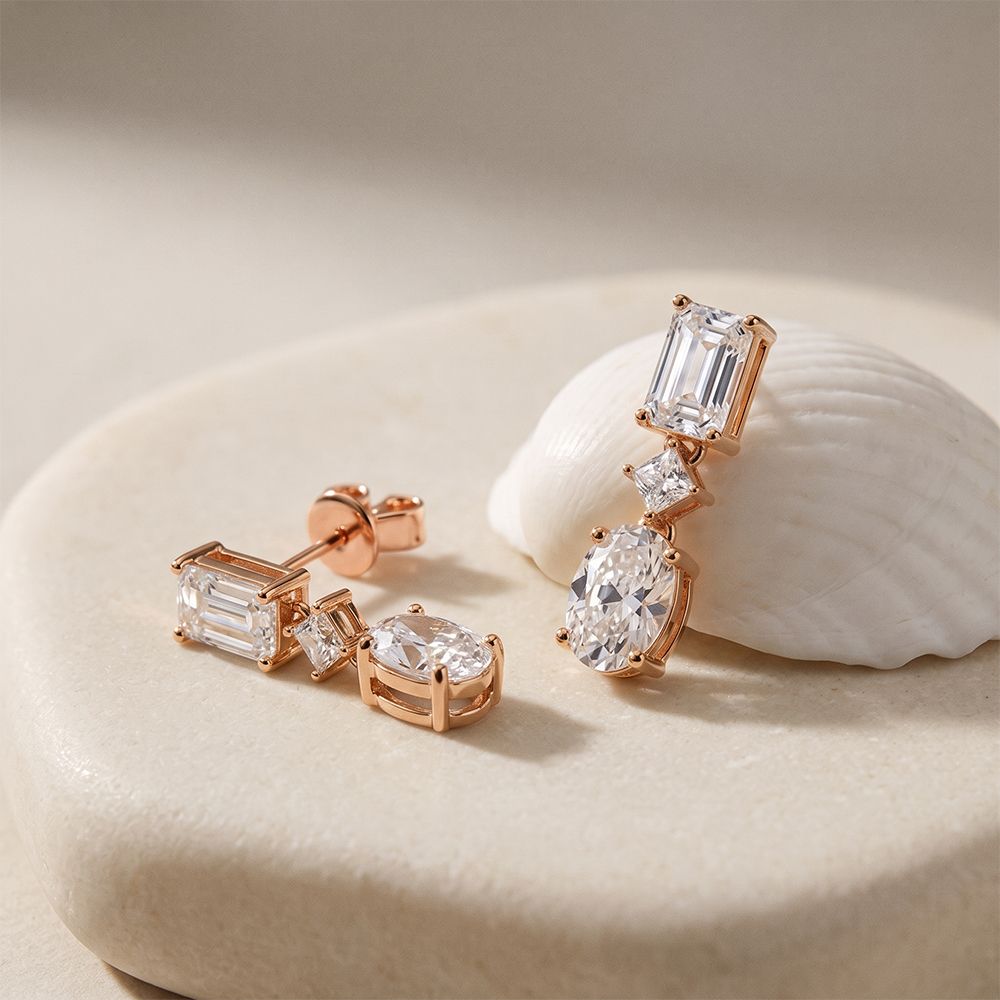 3.10 Ct Emerald Cut Lab Grown Diamond Mixed Cut Dangle Earrings Rose Gold