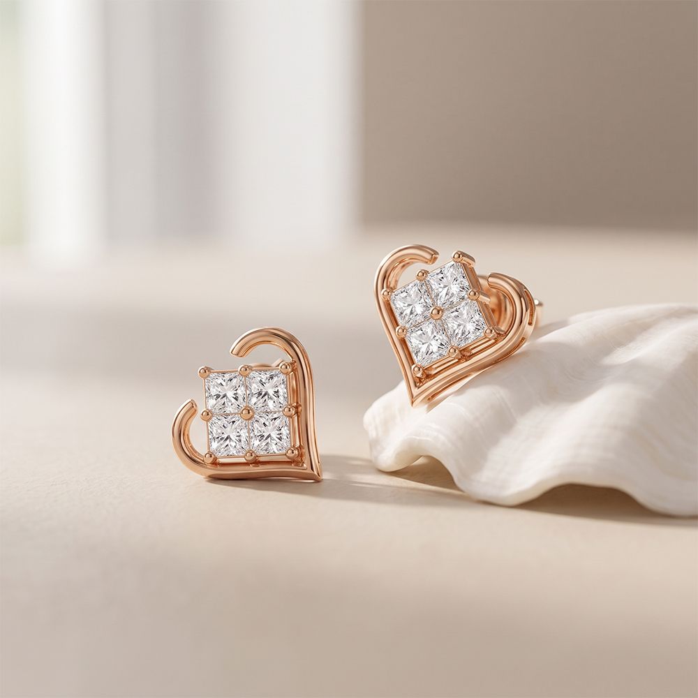 0.40 Ct Princess Cut Lab Grown Diamond Heart Frame Stud Earrings Rose Gold