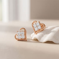0.40 Ct Princess Cut Lab Grown Diamond Heart Frame Stud Earrings Rose Gold