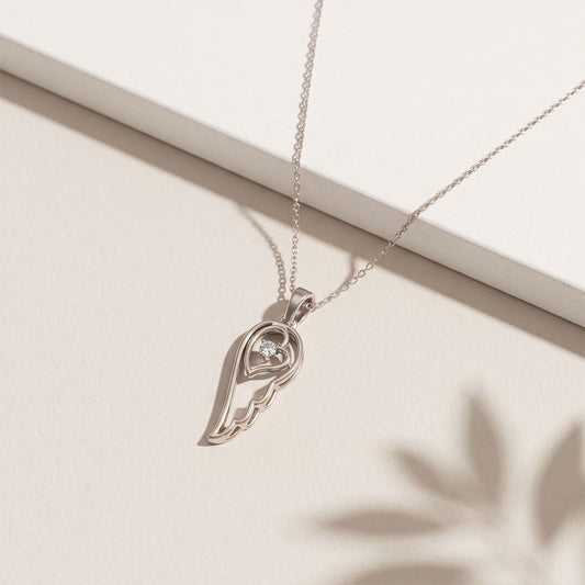 0.05CTW Round Cut Lab Grown Diamond Angel Wing Heart Pendant Necklace for Women White