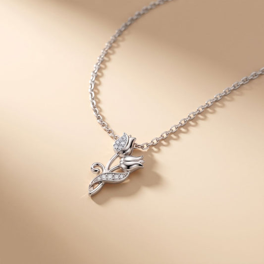 0.10CTW Round Cut Lab Grown Diamond Floral Tulip Pendant Necklace for Women White