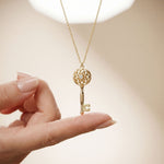 0.01CTW Round Cut Lab Grown Diamond Vintage Key Pendant Necklace for Women Gold