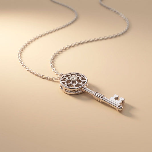 0.01CTW Round Cut Lab Grown Diamond Vintage Key Pendant Necklace for Women White