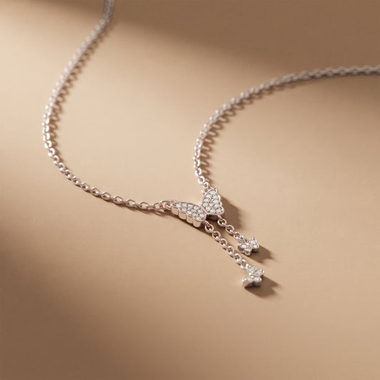 0.15CTW Round Cut Lab Grown Diamond Butterfly Tassel Pendant Necklace for Women White
