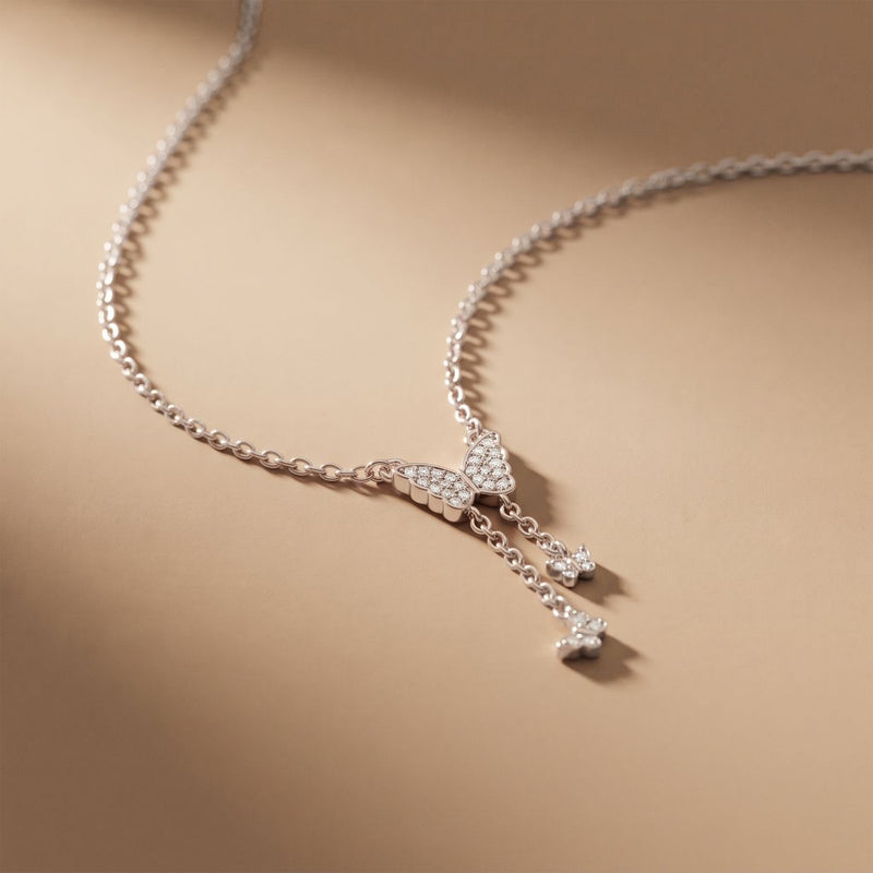 0.15CTW Round Cut Lab Grown Diamond Butterfly Tassel Pendant Necklace for Women White