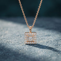 1.65CTW Princess Cut Lab Grown Diamond Square Halo Pendant Necklace Rose Gold