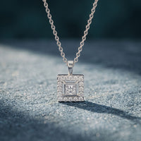 1.65CTW Princess Cut Lab Grown Diamond Square Halo Pendant Necklace White