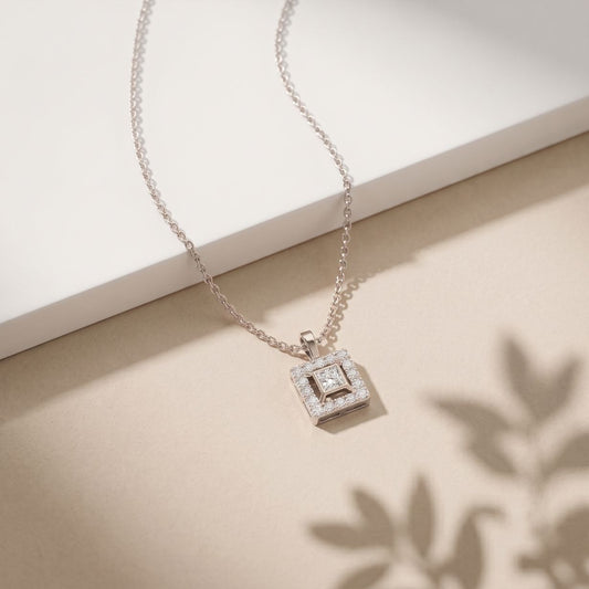 1.65CTW Princess Cut Lab Grown Diamond Square Halo Pendant Necklace White