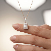 1.95CTW Emerald Cut Lab Grown Diamond Halo Pendant Necklace Rose Gold