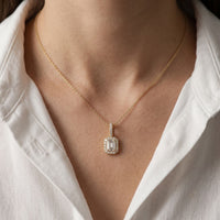 1.95CTW Emerald Cut Lab Grown Diamond Halo Pendant Necklace Gold