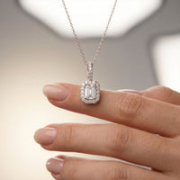 1.95CTW Emerald Cut Lab Grown Diamond Halo Pendant Necklace White