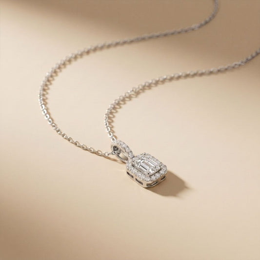 1.95CTW Emerald Cut Lab Grown Diamond Halo Pendant Necklace White