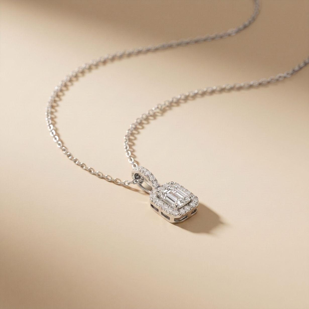 1.95CTW Emerald Cut Lab Grown Diamond Halo Pendant Necklace White