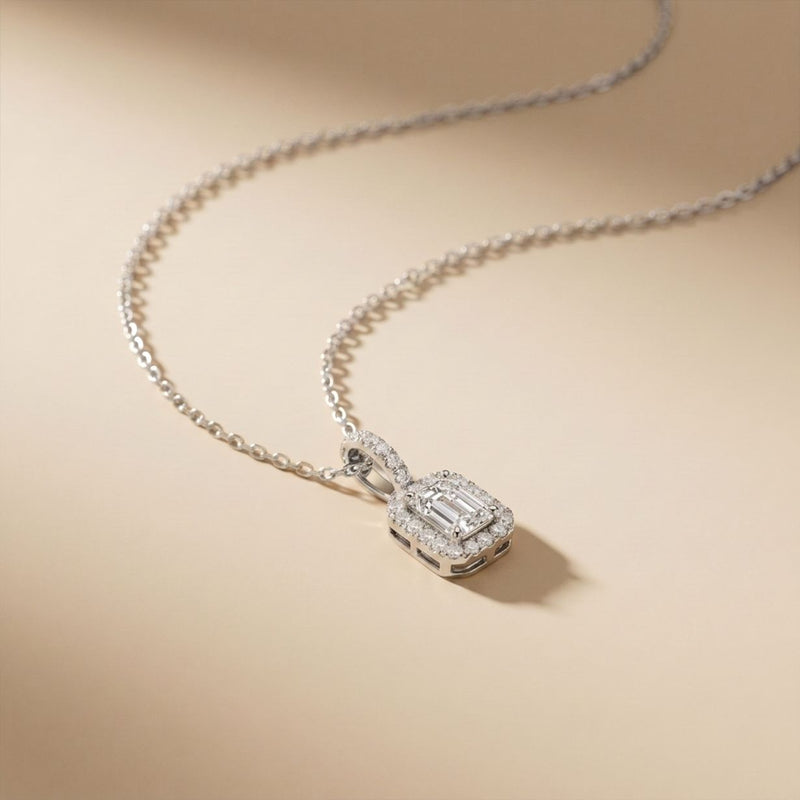 1.95CTW Emerald Cut Lab Grown Diamond Halo Pendant Necklace White