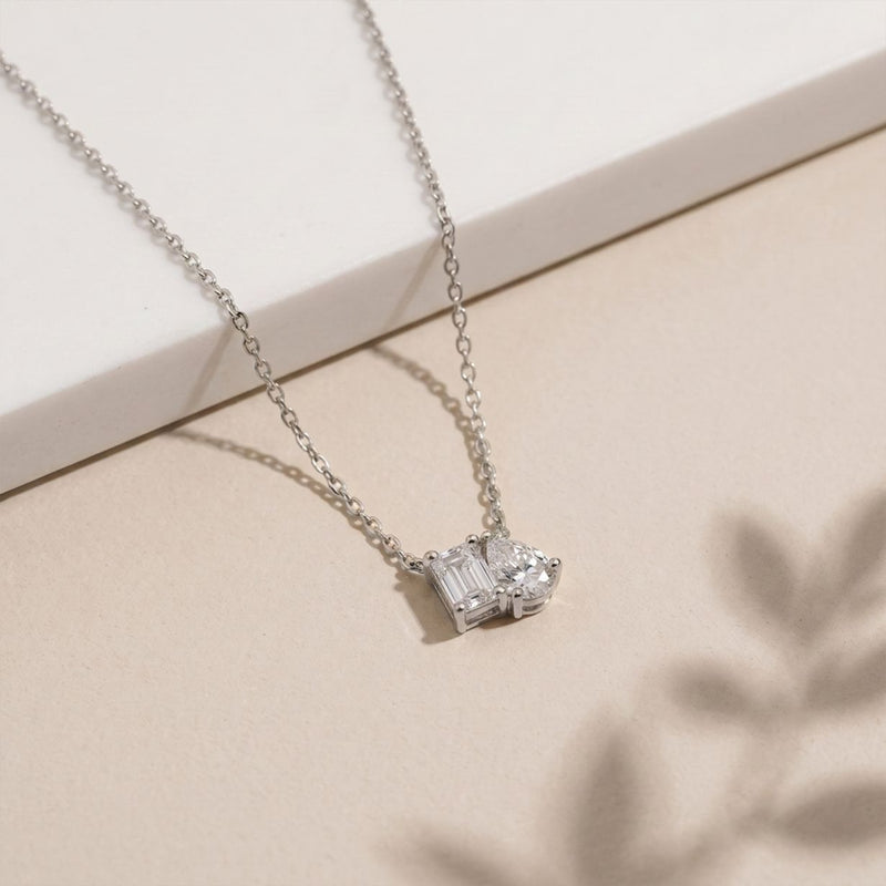 0.95CTW Emerald & Pear Cut Lab Grown Diamond Two Stone Pendant Necklace White