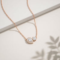 2.40CTW Round & Pear Cut Lab Grown Diamond Toi et Moi Halo Pendant Necklace Rose Gold