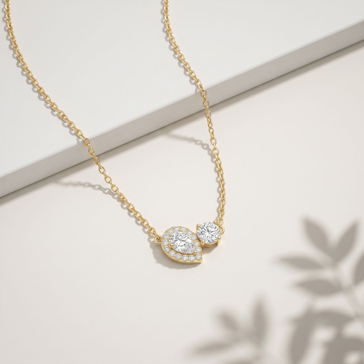 2.40CTW Round & Pear Cut Lab Grown Diamond Toi et Moi Halo Pendant Necklace Gold