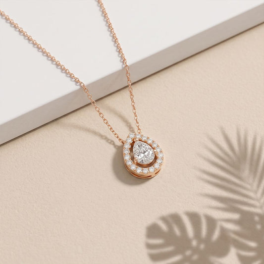 1.95CTW Pear Cut Lab Grown Diamond Halo Pendant Necklace Rose Gold
