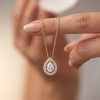 1.95CTW Pear Cut Lab Grown Diamond Halo Pendant Necklace Gold