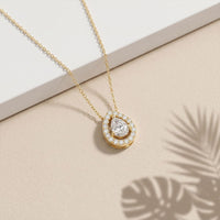 1.95CTW Pear Cut Lab Grown Diamond Halo Pendant Necklace Gold