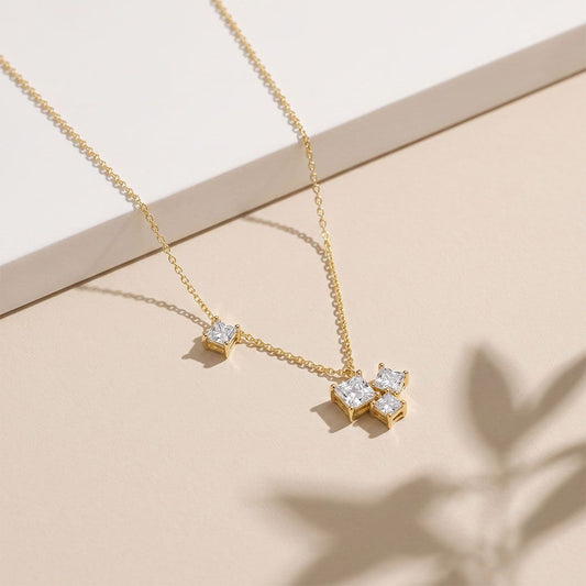 2.55CTW Princess Cut Lab Grown Diamond Three Stone Cluster Pendant Necklace Gold