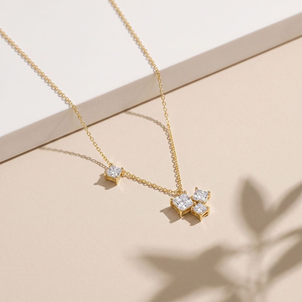 2.55CTW Princess Cut Lab Grown Diamond Three Stone Cluster Pendant Necklace Gold