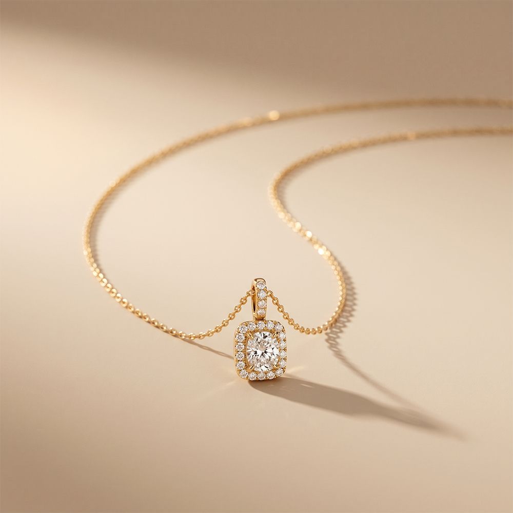 3.80 Ct Cushion Cut Lab Grown Diamond Pavé Frame Pendant Necklace Gold