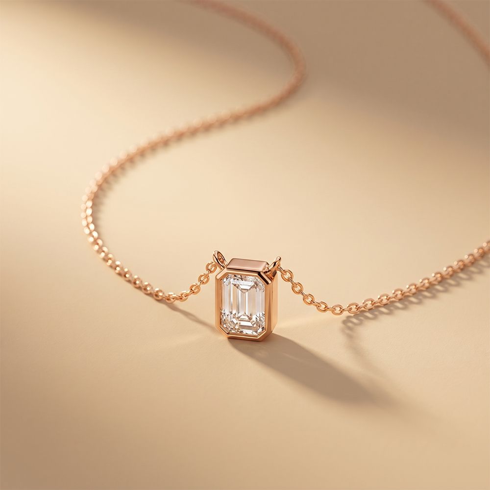 1.50 Ct Emerald Cut Lab Grown Diamond Bezel Pendant Necklace Rose Gold