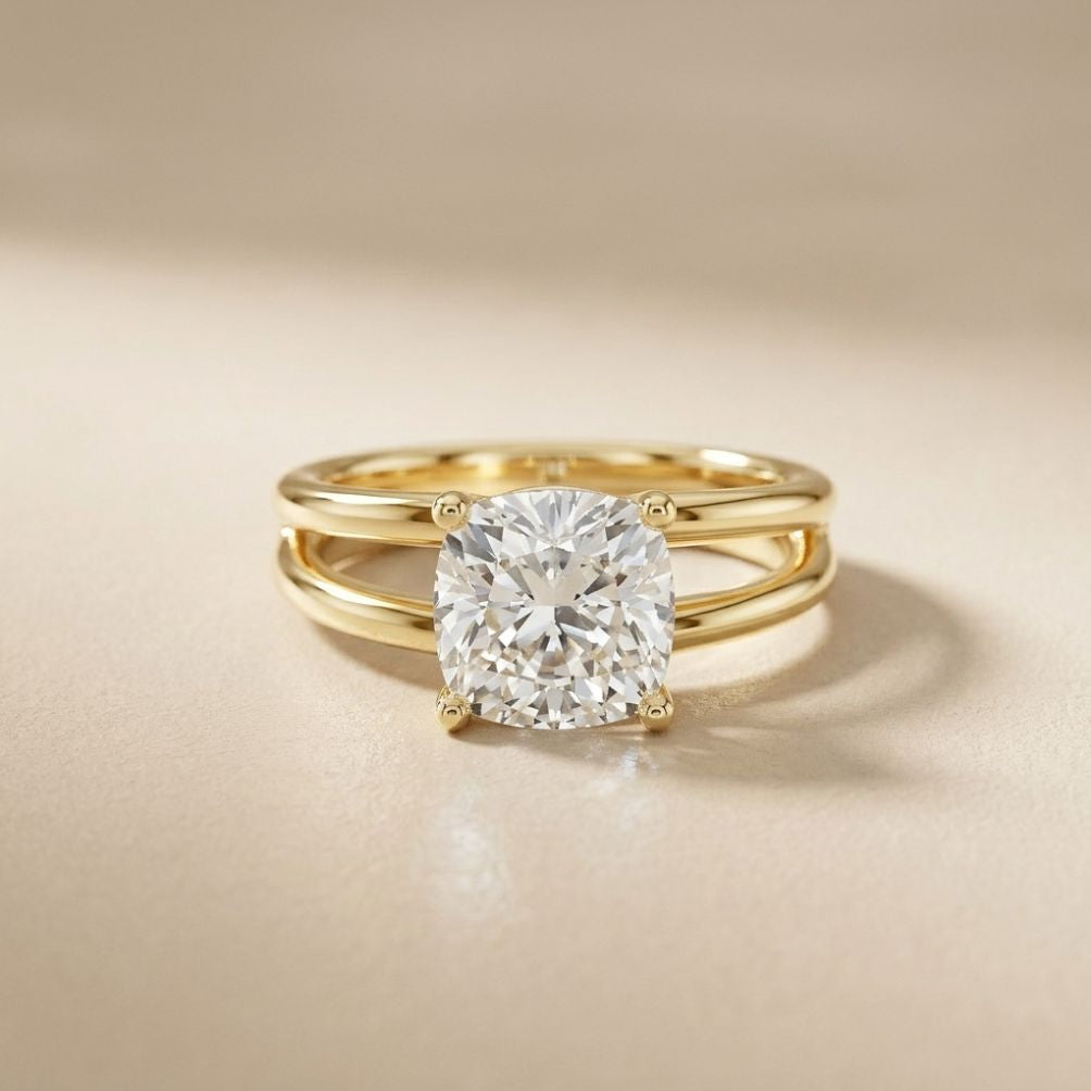 2 CTW Cushion Cut Lab Grown Diamond Engagement Ring, Twin Shank Gold