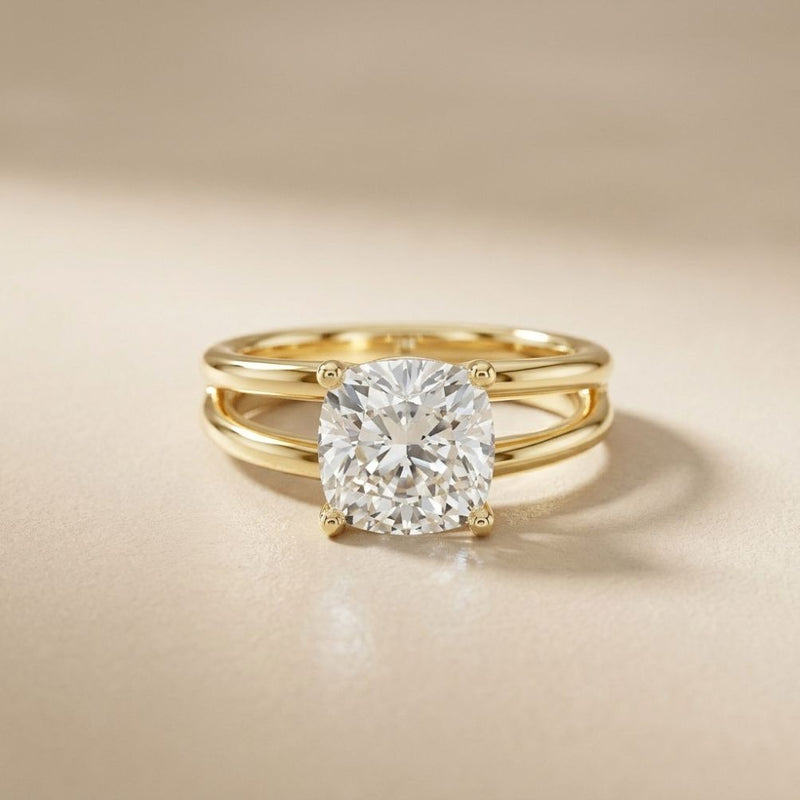 2 CTW Cushion Cut Lab Grown Diamond Engagement Ring, Twin Shank Gold