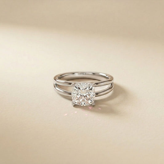 2 CTW Cushion Cut Lab Grown Diamond Engagement Ring, Twin Shank