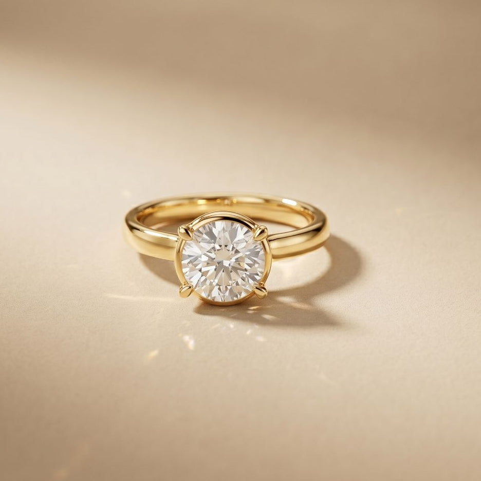Gold ring with a diamond on a beige background Gold