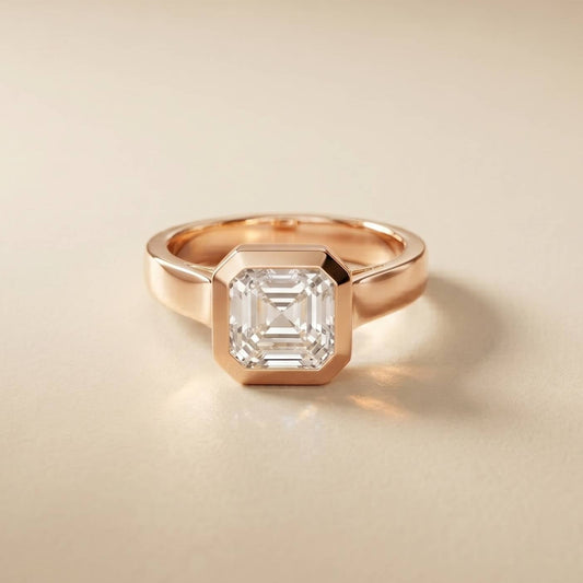 Rose gold ring with a diamond on a beige background