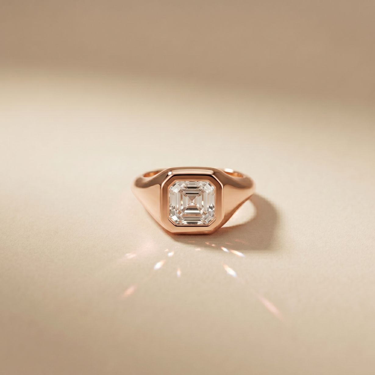Rose gold ring with a diamond on a beige background Rose Gold