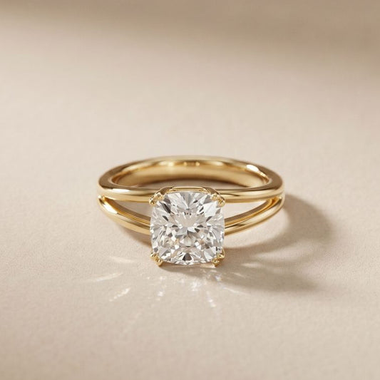Gold ring with a diamond on a beige background