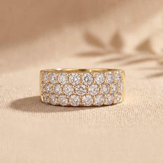 2 Ct Round Cut Lab Grown Diamond Three Row Pavé Band Ring for Women Gold