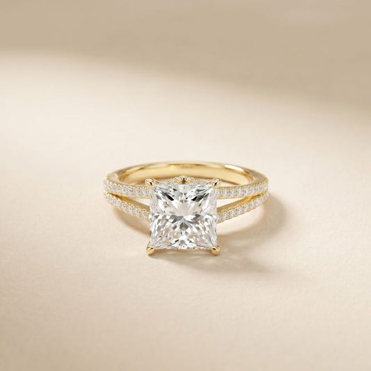 Gold ring with a large diamond on a beige background Gold