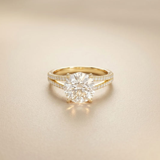 Gold ring with a large diamond on a beige background Gold