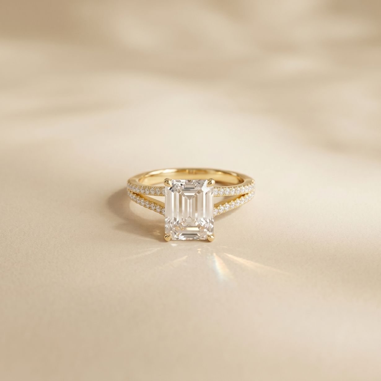 2.90 Ct Emerald Cut Split Shank Pavé Lab Grown Diamond Ring Gold