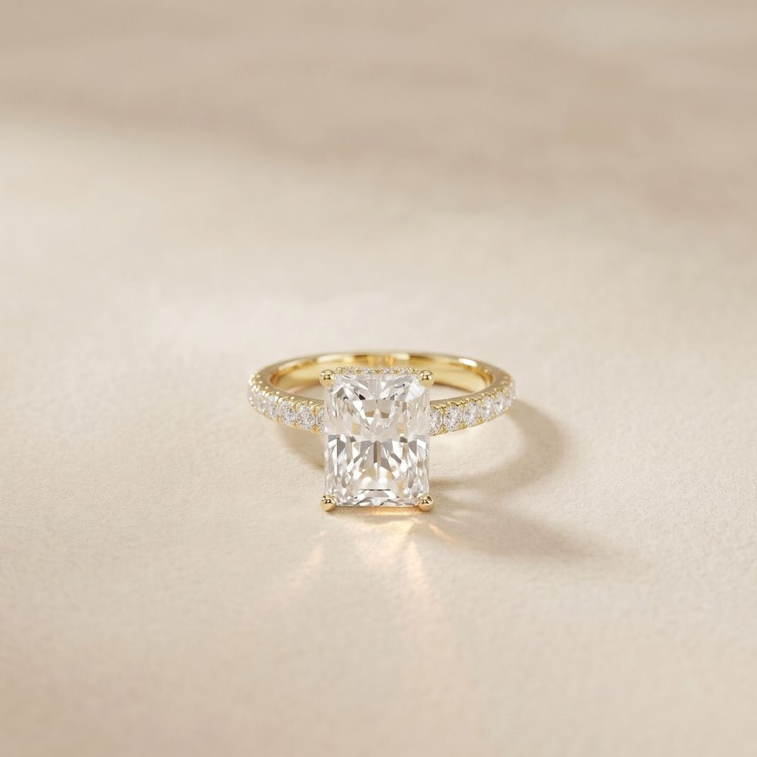 3.15CTW Radiant Cut Lab Grown Diamond Velvet Pave Engagement Ring Gold