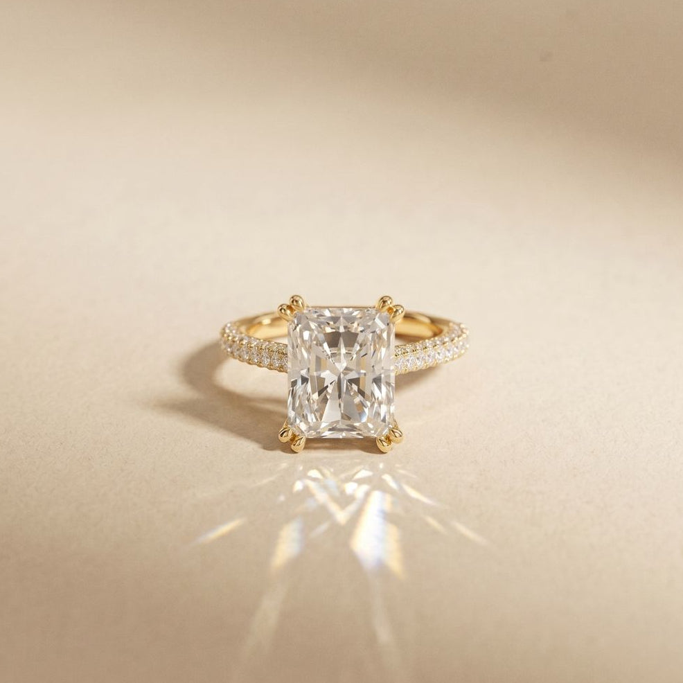 4.56CTW Radiant Lab Grown Diamond Celestique Duble Prong Ring Gold